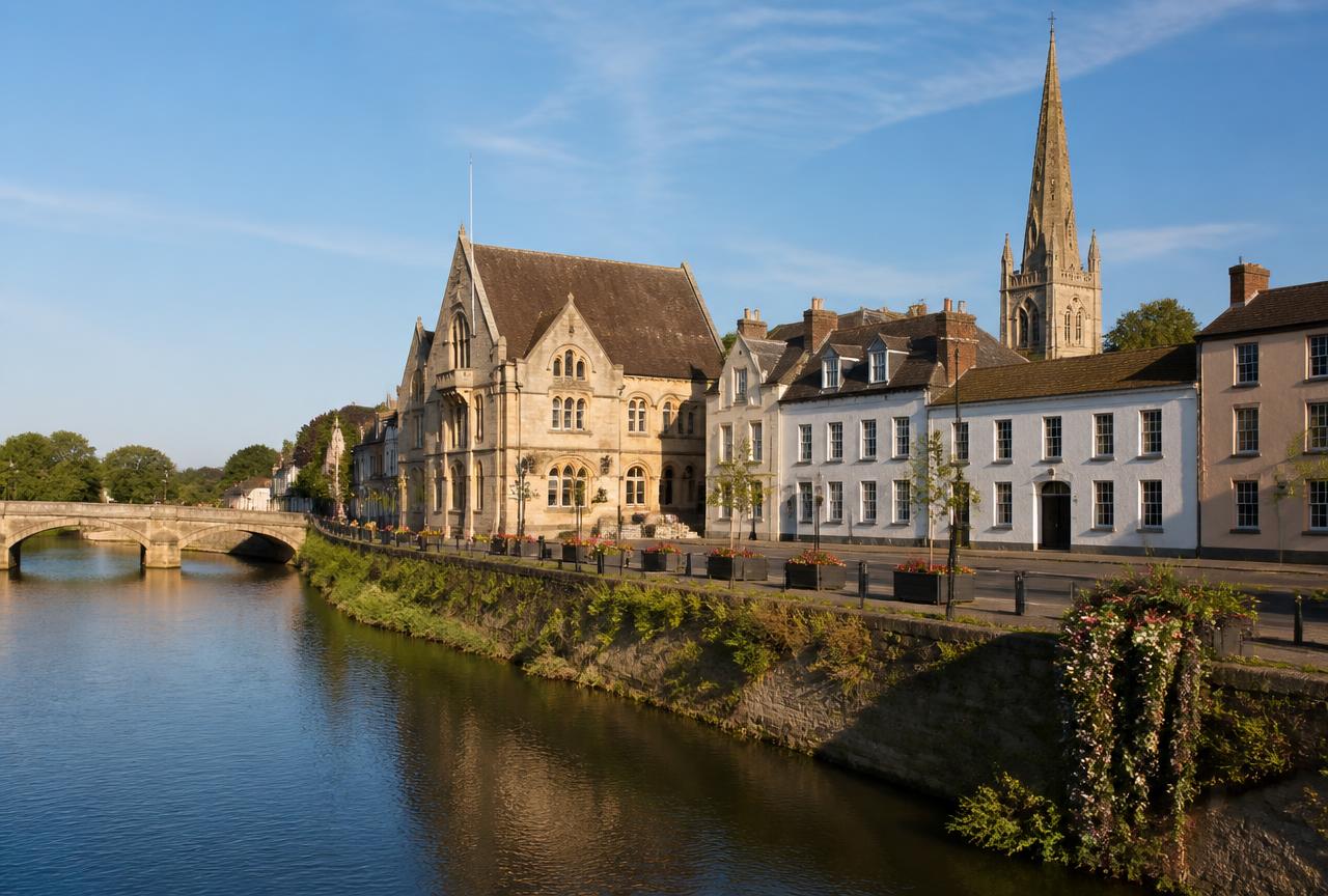 Abingdon-on-Thames, Oxfordshire: the County Hall, Georgian riverside townhouses and the church spire above the Thames bridge