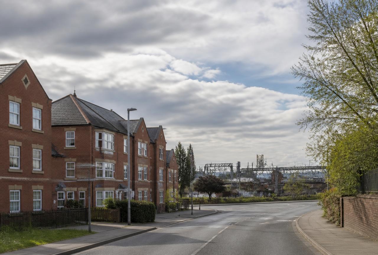 Didcot, Oxfordshire: a red brick residential street on the edge of town with the railway infrastructure beyond
