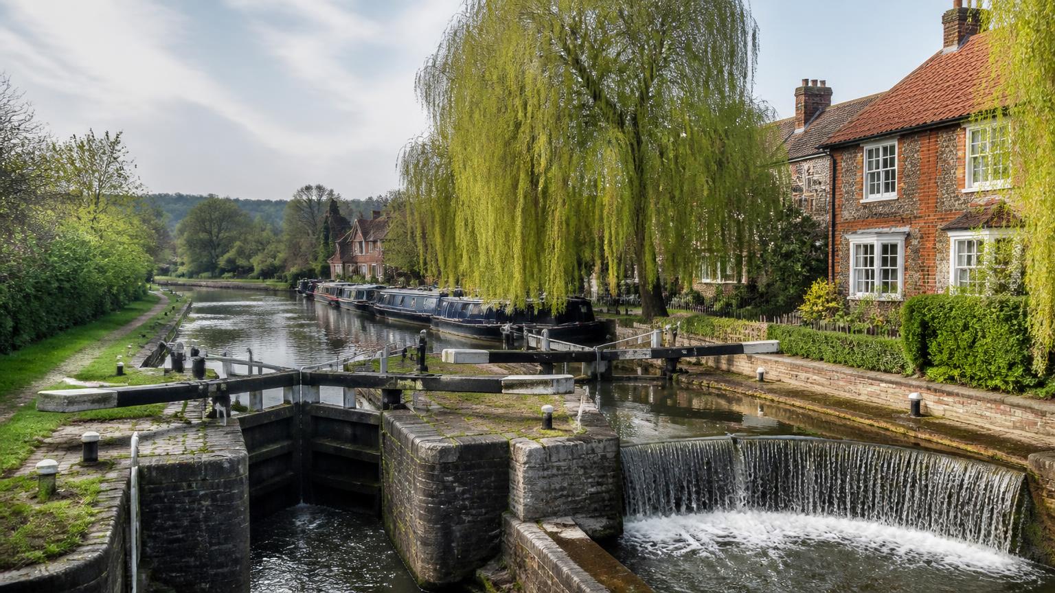Goring-on-Thames, Oxfordshire: the river lock and weir with moored narrowboats and flint riverside cottages